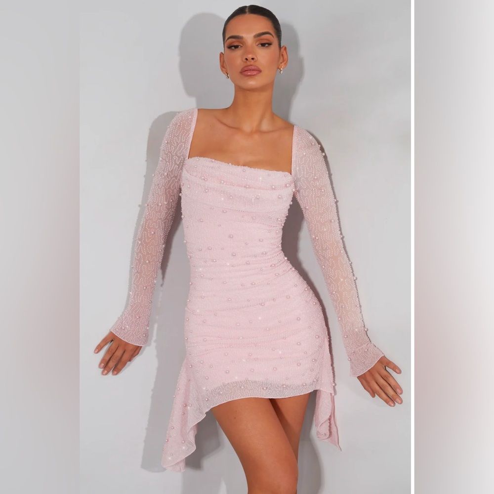 Oh Polly Tivoli Long Sleeve Embellished Cowl Neck Mini Dress in Blush